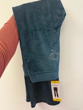 Juicy Couture Women Teal Velour Track Pants with Rhinestone Logo